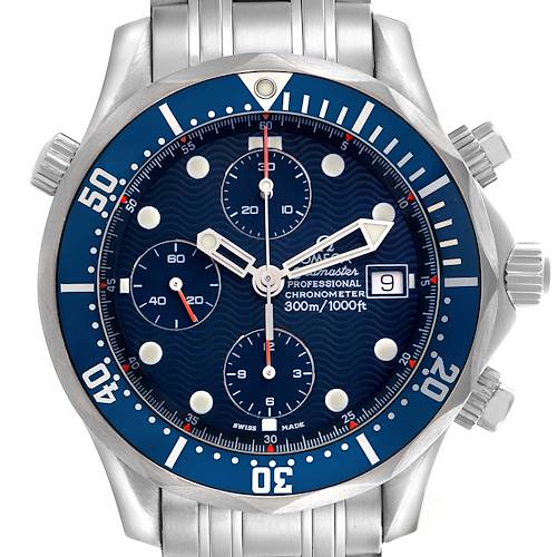 The Omega Seamaster 2298.80.00 Men's Titanium Blue Dial 2298.80.00 Men's Titanium Blue Dial watch is shown from the front, highlighting the dial, case, and bracelet details.