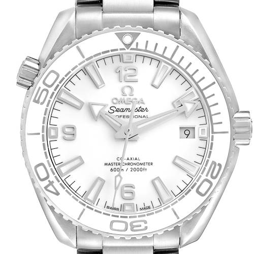 The Omega Planet Ocean 215.30.40.20.04.001 Men's Stainless Steel White Dial 215.30.40.20.04.001 Men's Stainless Steel White Dial watch is shown from a front angle, highlighting its bezel, dial, hands, and crown.