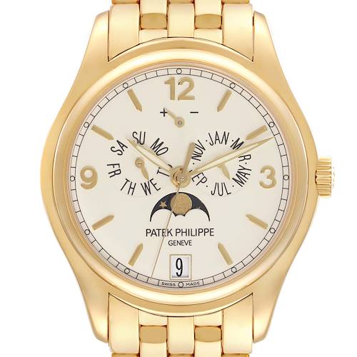 The Patek Philippe Complications 5146J Men's Yellow Gold Beige Dial 5146J Men's Yellow Gold Beige Dial watch is shown from the front, displaying the dial, hands, and moon phase indicator.