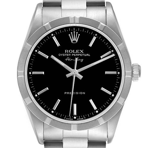 The Rolex Air-King 14010 Men's Stainless Steel Black Dial 14010 Men's Stainless Steel Black Dial watch is shown from a front view, featuring its black dial, markers, hands, and crown.