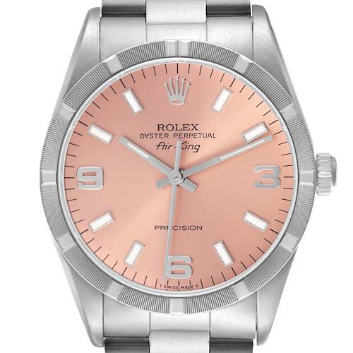 The Rolex Air-King 14010 Men's Stainless Steel Pink Dial 14010 Men's Stainless Steel Pink Dial watch is shown from a front view, displaying the dial, bezel, and part of the bracelet.