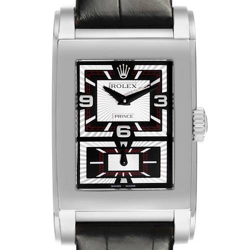 The Rolex Cellini 5443/9 Men's White Gold Silver Dial 5443/9 Men's White Gold Silver Dial watch is shown from the front, displaying its rectangular dial, black strap, and side crown.