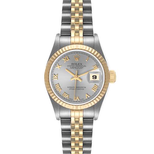This is a front view of a Rolex Datejust 79173 Women's Stainless Steel Grey Dial 79173 Women's Stainless Steel Grey Dial watch, showing the face, bracelet, and crown.