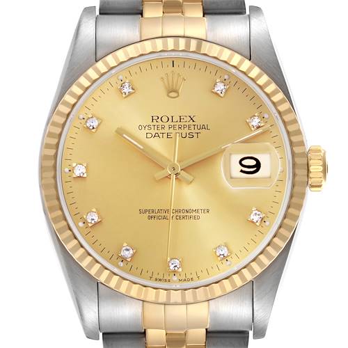 The Rolex Datejust 16233 Men's Steel and Gold (two tone) Champagne Dial 16233 Men's Steel and Gold (two tone) Champagne Dial watch is shown from a front angle, displaying the dial, bezel, crown, and part of the bracelet.