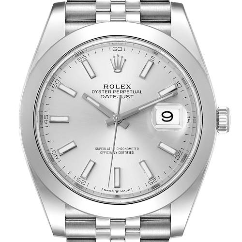 This image shows a front view of the Rolex Datejust 41 126300 Men's Stainless Steel Silver Dial 126300 Men's Stainless Steel Silver Dial, displaying the dial, crown, and part of the bracelet.