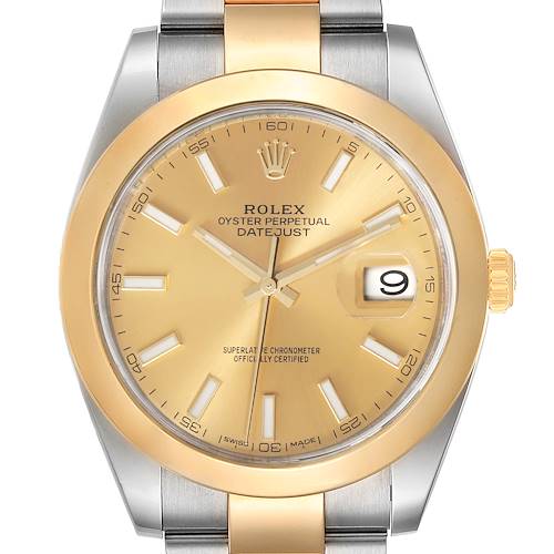 The image shows a front view of the Rolex Datejust 41 126303 Men's Steel and Gold (two tone) Champagne Dial 126303 Men's Steel and Gold (two tone) Champagne Dial watch, highlighting the dial, bezel, and part of the bracelet.