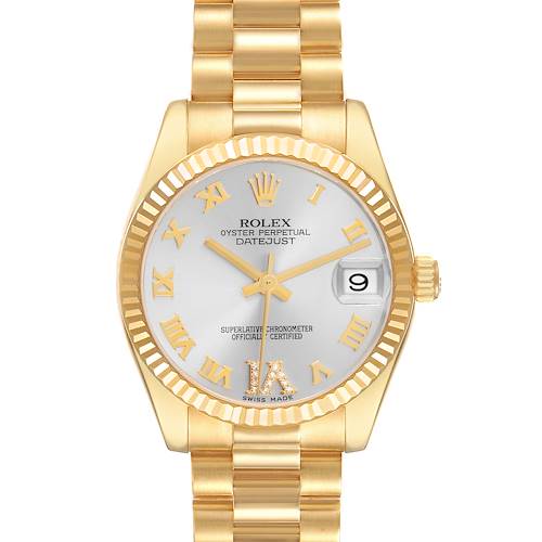 The Rolex Datejust Mid-Size is shown from a straight-on angle, displaying its face, bezel, crown, and bracelet.
