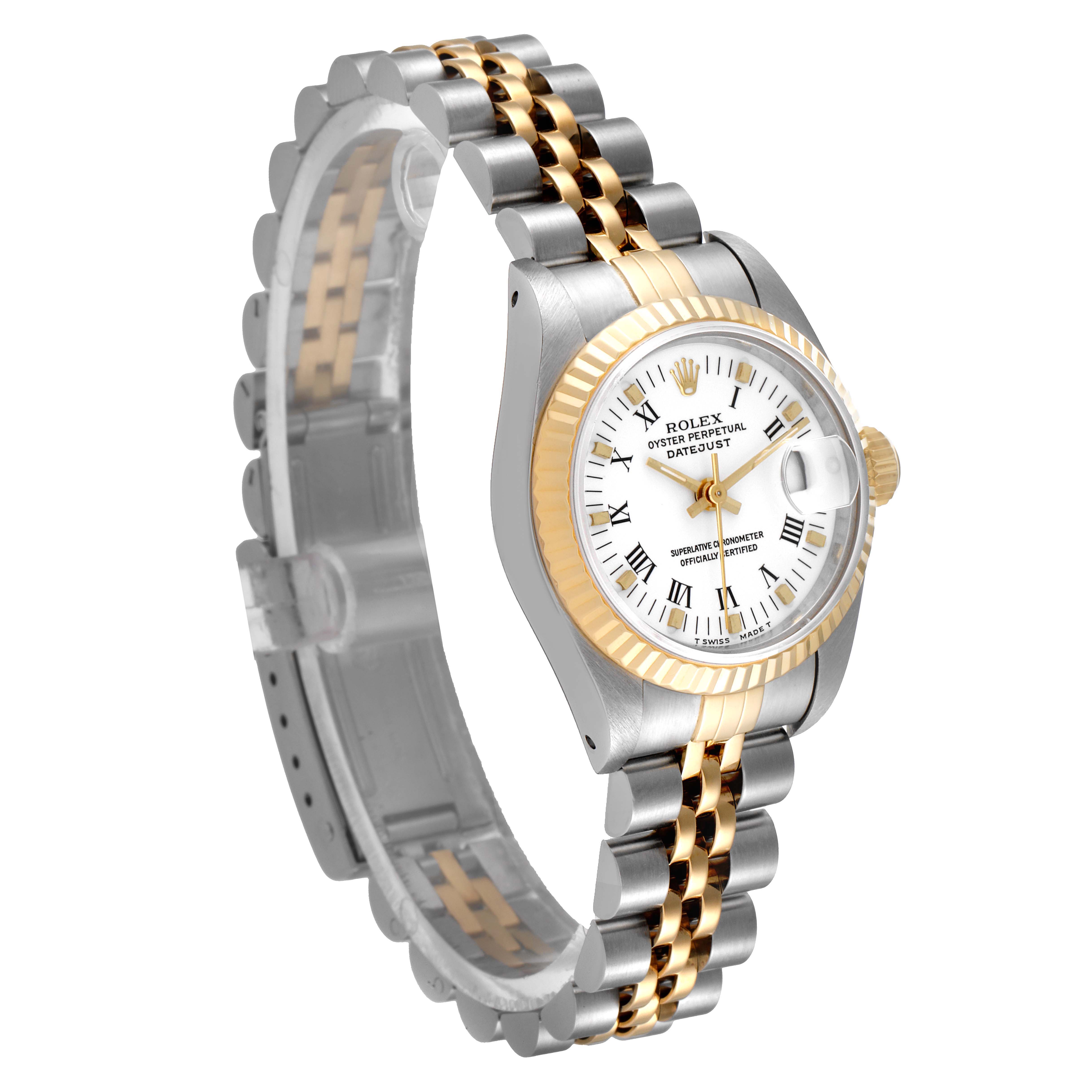 The image shows a Rolex Datejust 69173 Women's Steel and Gold (two tone) White Dial 69173 Women's Steel and Gold (two tone) White Dial watch at an angle highlighting its two-tone bracelet, fluted bezel, and white dial with Roman numerals.