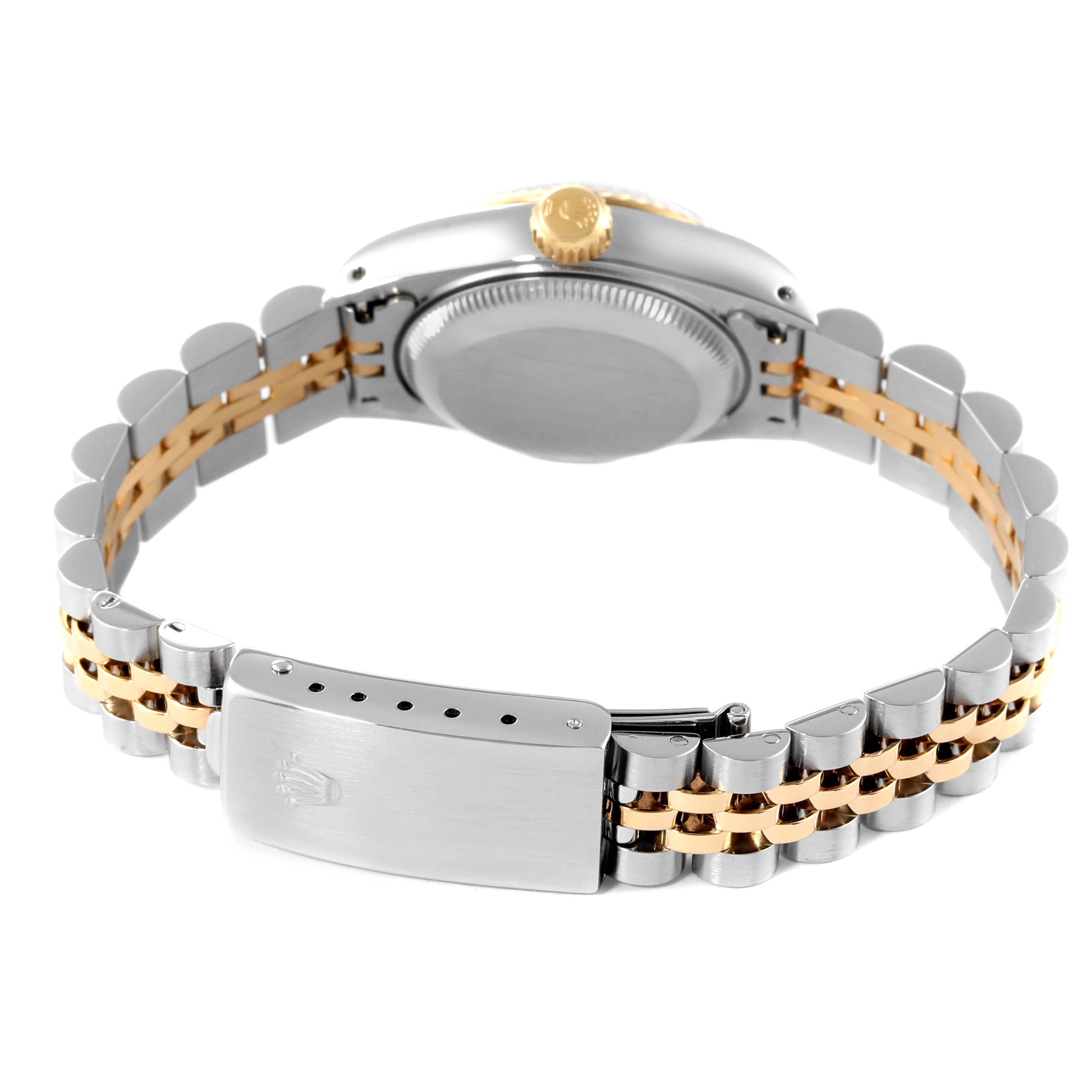This image shows a rear view of the Rolex Datejust 69173 Women's Steel and Gold (two tone) White Dial 69173 Women's Steel and Gold (two tone) White Dial watch, highlighting the case back, crown, and two-tone bracelet.