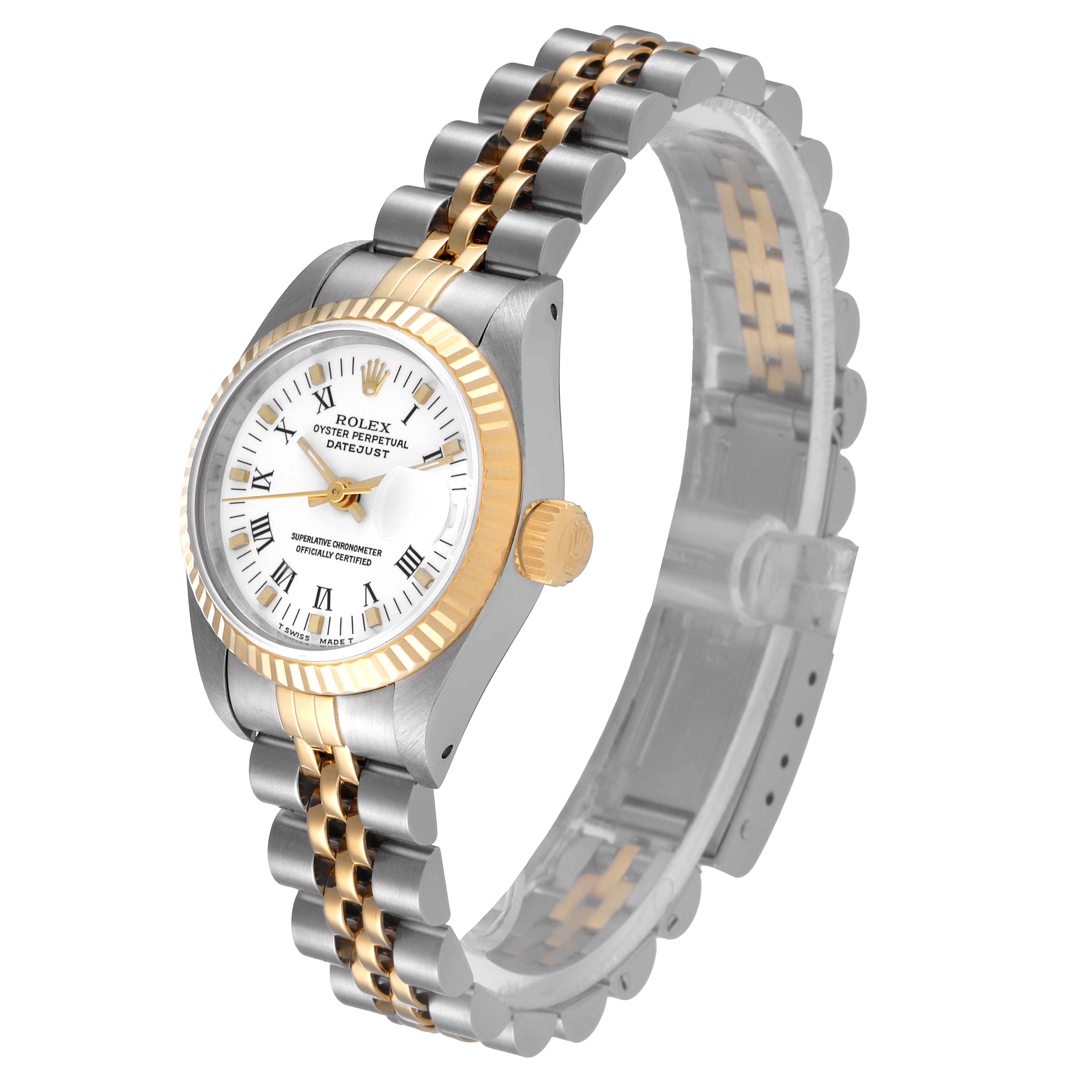 The Rolex Datejust 69173 Women's Steel and Gold (two tone) White Dial 69173 Women's Steel and Gold (two tone) White Dial watch is shown at a 3/4 angle, highlighting its face, bezel, crown, and bi-color stainless steel and gold bracelet.