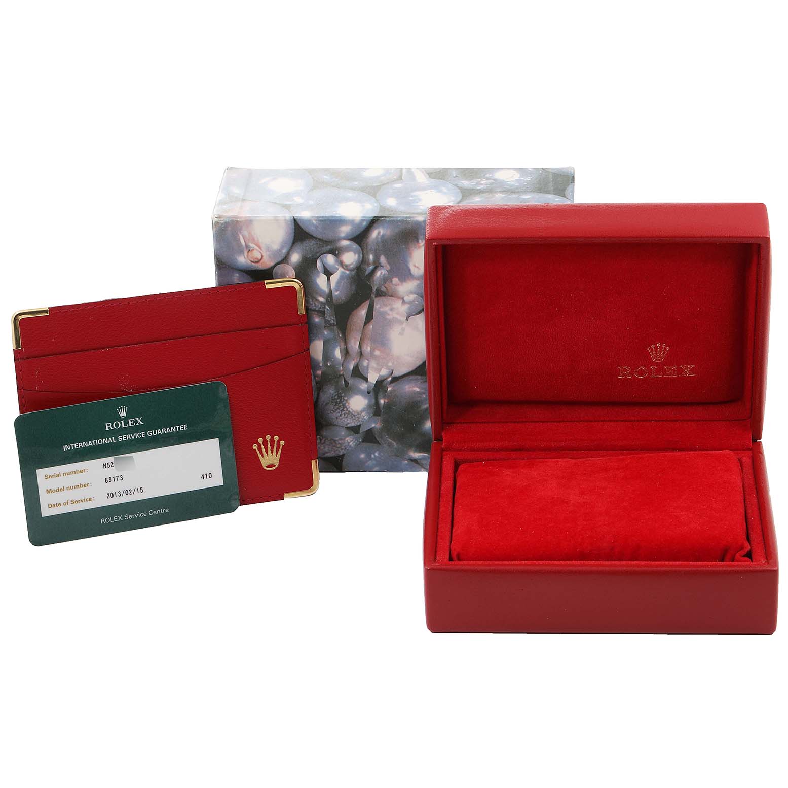 The image displays the Rolex Datejust 69173 Women's Steel and Gold (two tone) White Dial 69173 Women's Steel and Gold (two tone) White Dial model's empty box, guarantee card, cardholder, and the outer box.