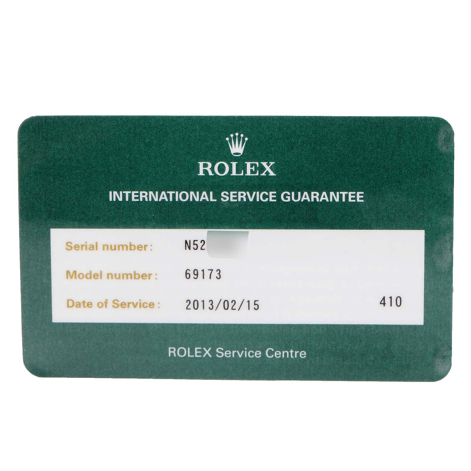 The image shows the front of a Rolex Datejust 69173 Women's Steel and Gold (two tone) White Dial 69173 Women's Steel and Gold (two tone) White Dial International Service Guarantee card.