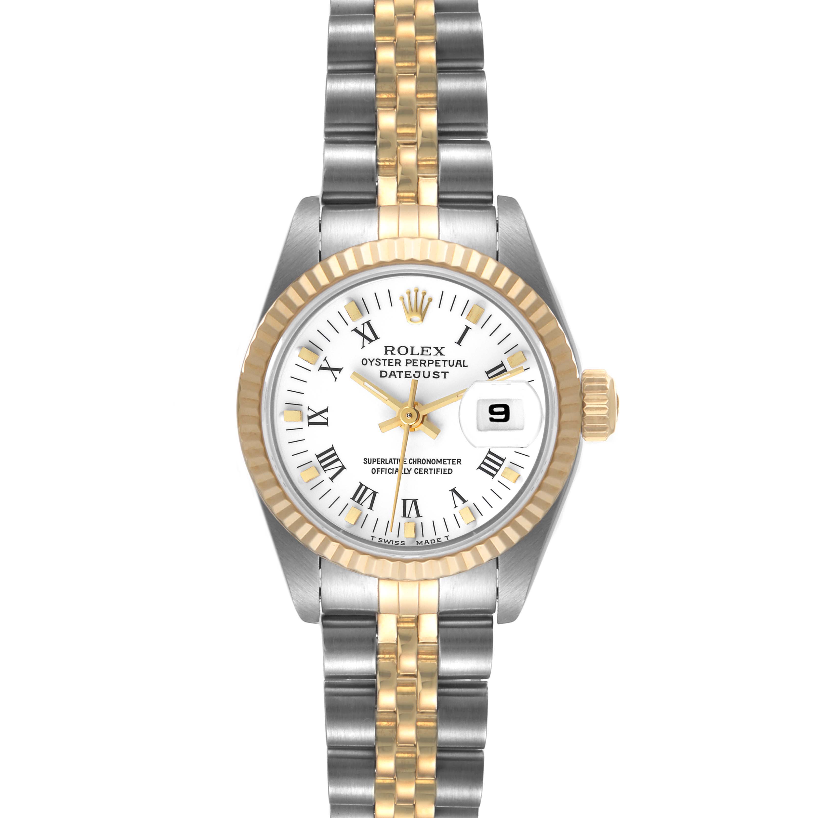 The Rolex Datejust 69173 Women's Steel and Gold (two tone) White Dial 69173 Women's Steel and Gold (two tone) White Dial watch is shown from a front angle, displaying the bezel, dial, hands, and part of the bracelet.