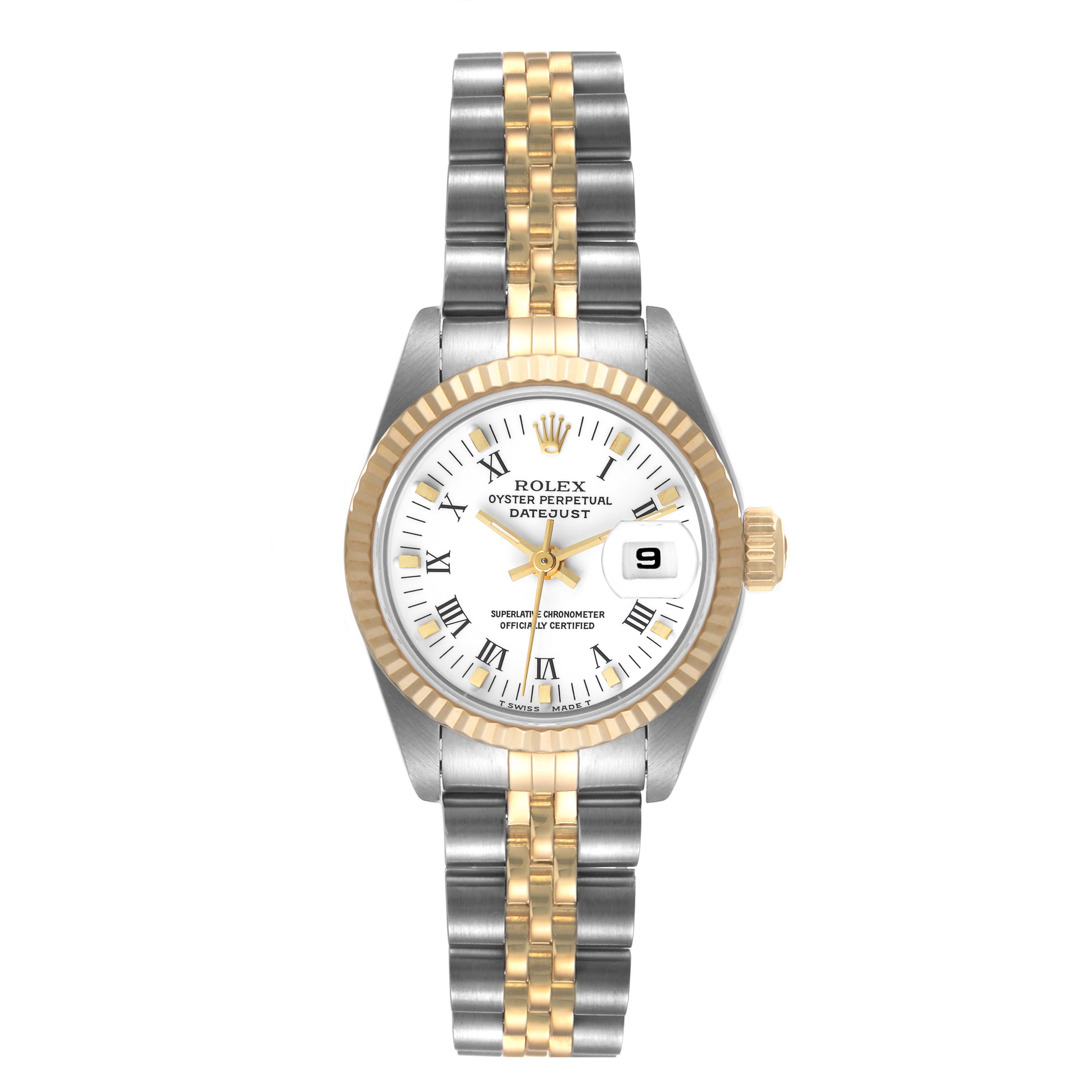 This image shows a front view of the Rolex Datejust 69173 Women's Steel and Gold (two tone) White Dial 69173 Women's Steel and Gold (two tone) White Dial watch with a two-tone bracelet and white dial.