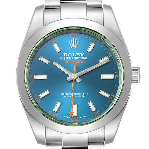 The image shows the face of a Rolex Milgauss 116400GV Men's Stainless Steel Blue Dial 116400GV Men's Stainless Steel Blue Dial watch from a frontal angle.