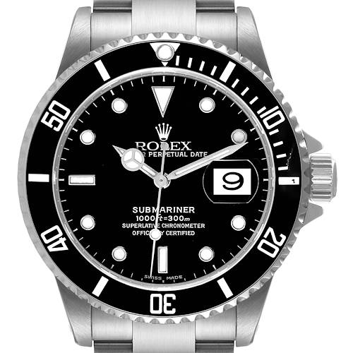 The image shows a frontal view of a Rolex Submariner 16610 Men's Stainless Steel Black Dial 16610 Men's Stainless Steel Black Dial watch, displaying the dial, bezel, and part of the bracelet.