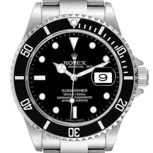 The image shows a frontal view of the Rolex Submariner 16610 Men's Stainless Steel Black Dial 16610 Men's Stainless Steel Black Dial watch, displaying the dial, bezel, and crown.