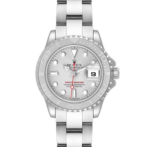 This image shows a front view of the Rolex Yacht-Master 169622 Women's Stainless Steel Silver Dial 169622 Women's Stainless Steel Silver Dial watch, displaying its dial, bezel, and bracelet.