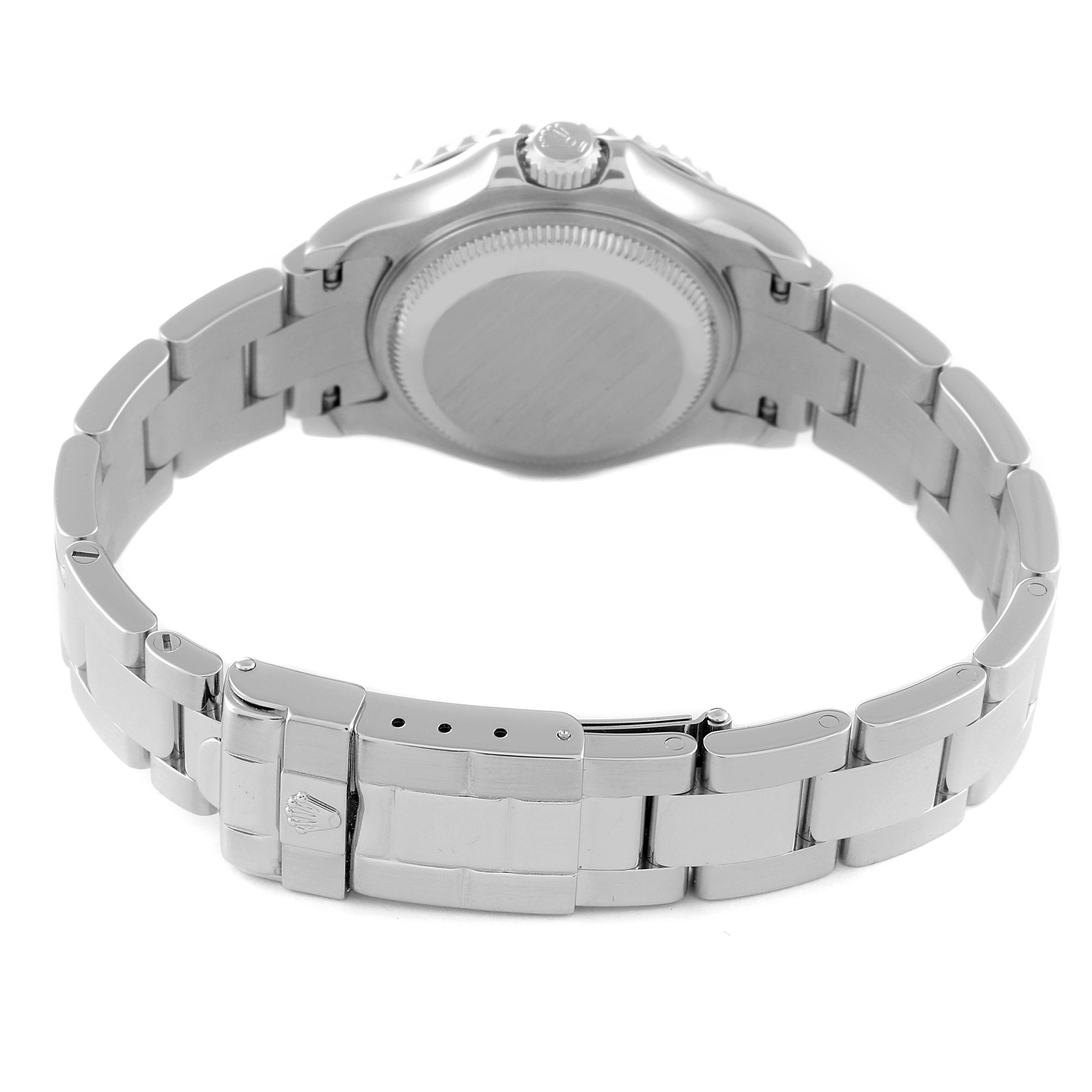 This image shows the backside of a Rolex Yacht-Master 169622 Women's Stainless Steel Silver Dial 169622 Women's Stainless Steel Silver Dial watch, highlighting the bracelet, clasp, and case back.