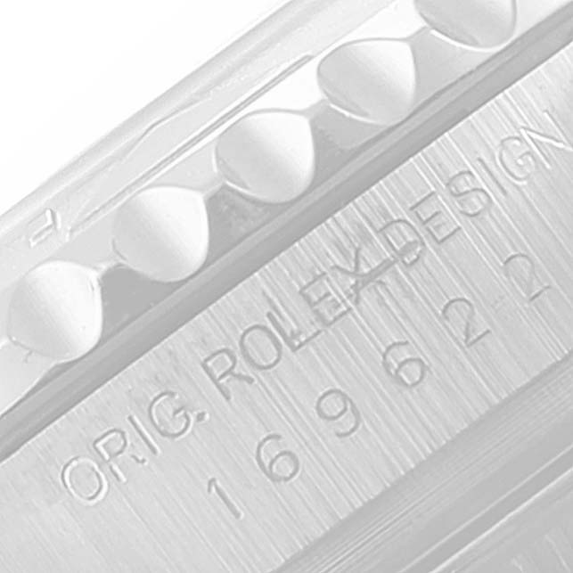 The image shows a close-up angle of the engraved bezel and "ORIG. ROLEX DESIGN" text with the model number of the Rolex Yacht-Master 169622 Women's Stainless Steel Silver Dial 169622 Women's Stainless Steel Silver Dial watch.