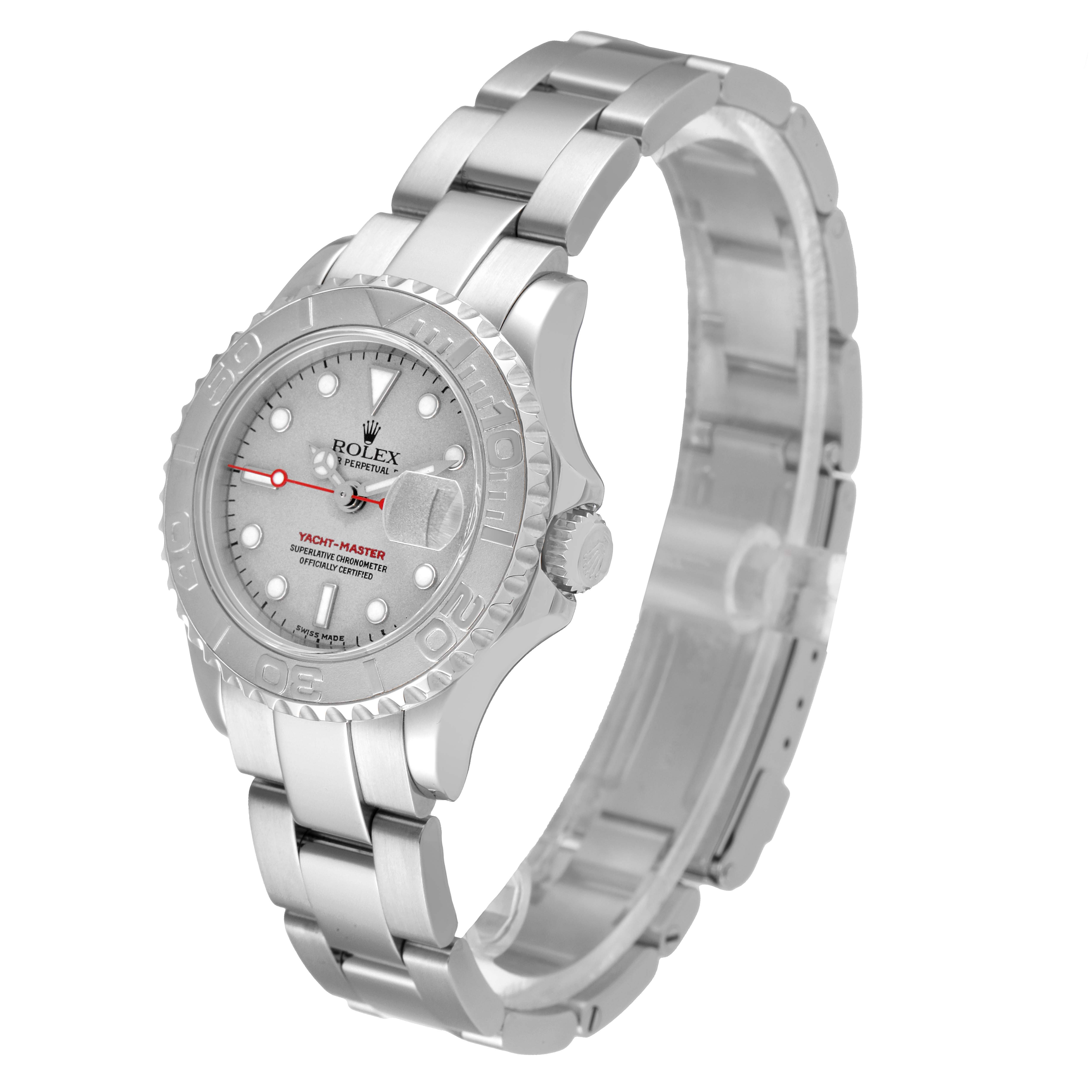 This image shows a Rolex Yacht-Master 169622 Women's Stainless Steel Silver Dial 169622 Women's Stainless Steel Silver Dial watch at a tilted angle, highlighting the face, bezel, and bracelet.