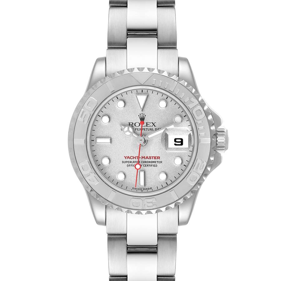 This Rolex Yacht-Master 169622 Women's Stainless Steel Silver Dial 169622 Women's Stainless Steel Silver Dial watch is shown from the front, highlighting the dial, bezel, hands, and bracelet.