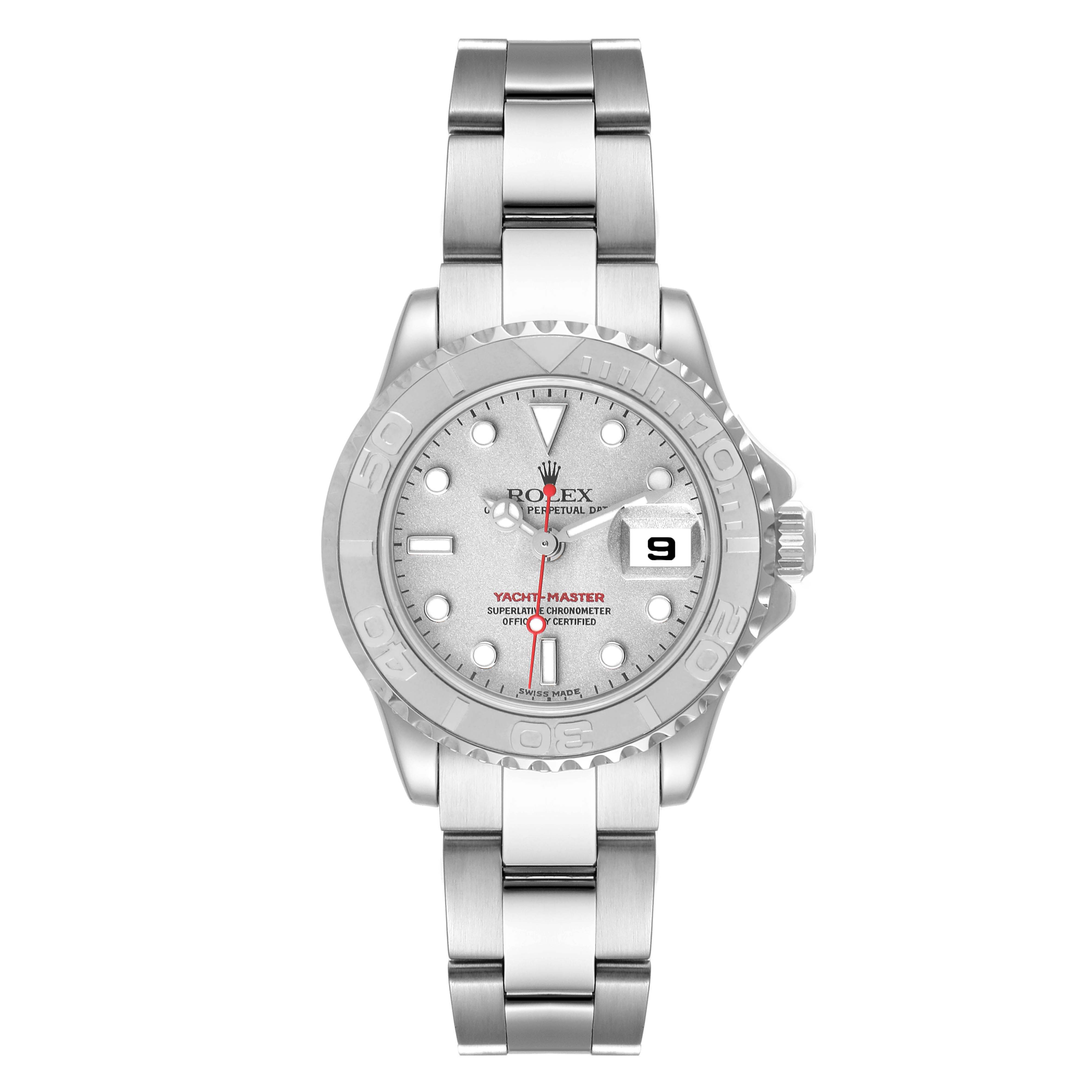 This image shows a front view of a Rolex Yacht-Master 169622 Women's Stainless Steel Silver Dial 169622 Women's Stainless Steel Silver Dial watch displaying its dial, bezel, and bracelet.