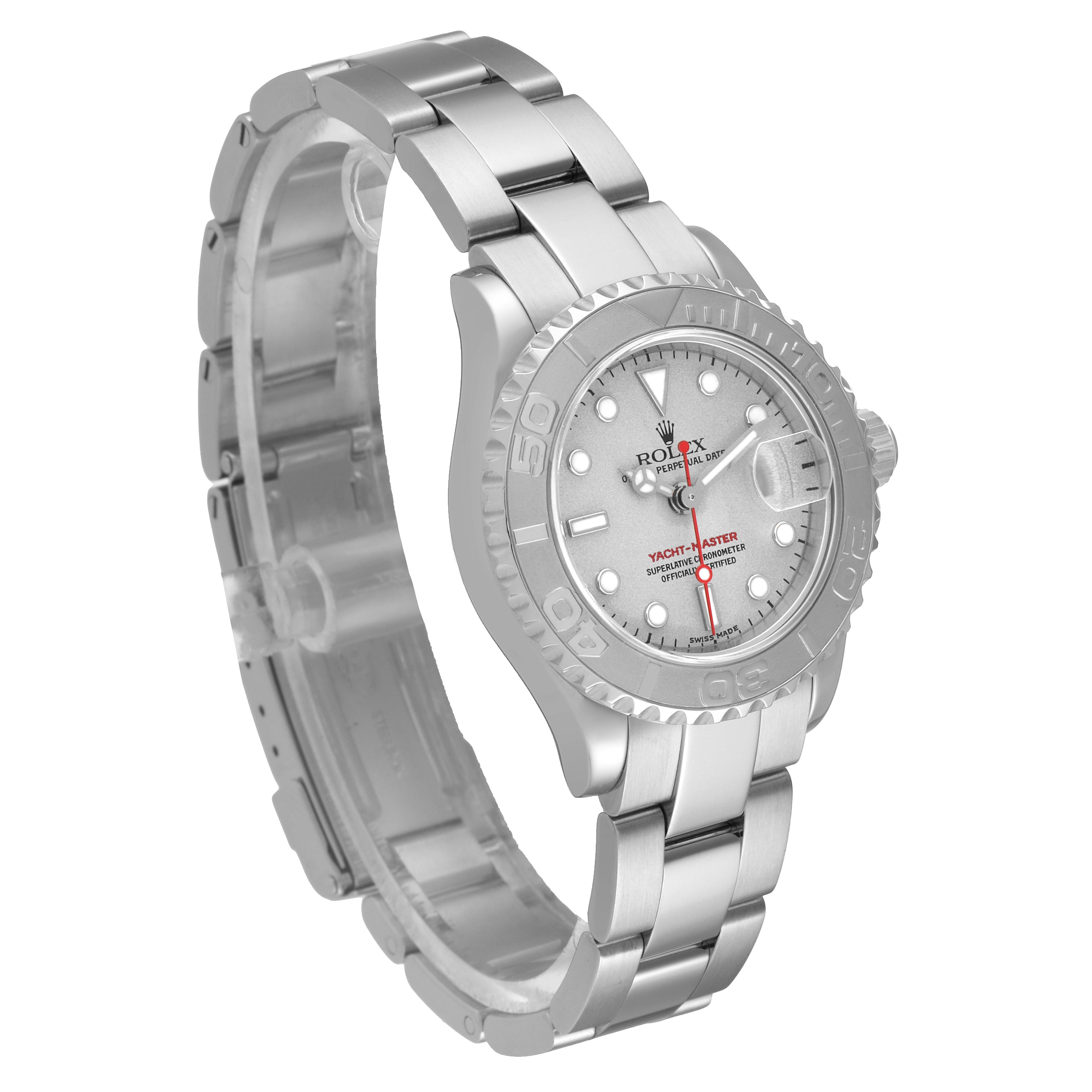 The image shows a side-angle view of a Rolex Yacht-Master 169622 Women's Stainless Steel Silver Dial 169622 Women's Stainless Steel Silver Dial watch, highlighting the face, bezel, and bracelet.