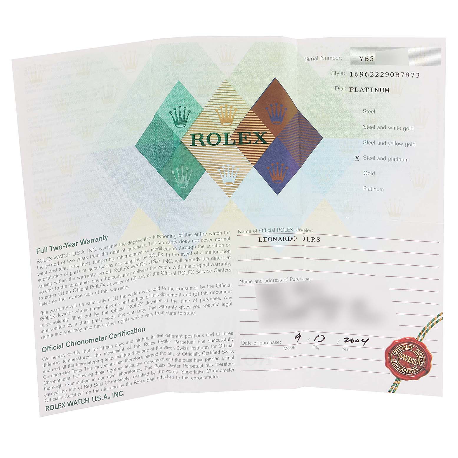 This image shows the warranty card and certificate for a Rolex Yacht-Master 169622 Women's Stainless Steel Silver Dial 169622 Women's Stainless Steel Silver Dial watch.