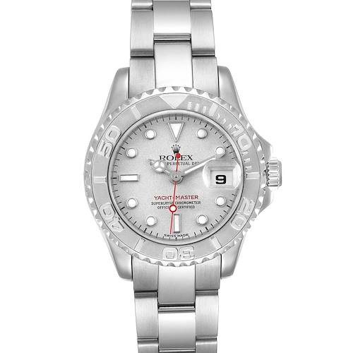 This image shows a frontal view of a Rolex Yacht-Master 169622 Women's Stainless Steel Silver Dial 169622 Women's Stainless Steel Silver Dial watch, displaying the face and bracelet clearly.