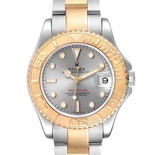 This image shows a front view of a Rolex Yacht-Master 168623 Women's Steel and Gold (two tone) Grey Dial 168623 Women's Steel and Gold (two tone) Grey Dial watch, highlighting its gold bezel, dial, and bracelet.
