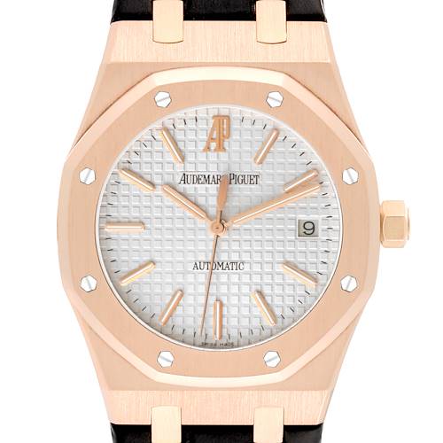 The image shows a frontal view of the Audemars Piguet Royal Oak 15300OR.OO.D088CR.02 Men's Rose Gold Silver Dial 15300OR.OO.D088CR.02 Men's Rose Gold Silver Dial watch, highlighting its octagonal bezel, dial, and date display.