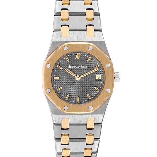 The image shows a front view of an Audemars Piguet Royal Oak Women's Steel and Gold (two tone) Grey Dial Women's Steel and Gold (two tone) Grey Dial watch, highlighting its two-tone bracelet, dial, bezel, and crown.