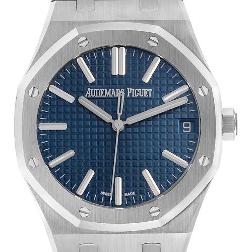 The image shows a front view of the Audemars Piguet Royal Oak 15500ST.OO.1220ST.01 Men's Stainless Steel Blue Dial 15500ST.OO.1220ST.01 Men's Stainless Steel Blue Dial, displaying the dial, bezel, and part of the bracelet.