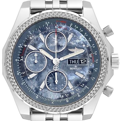 The image shows a close-up, front view of the Bentley model watch by Breitling, highlighting its dial and bezel details.