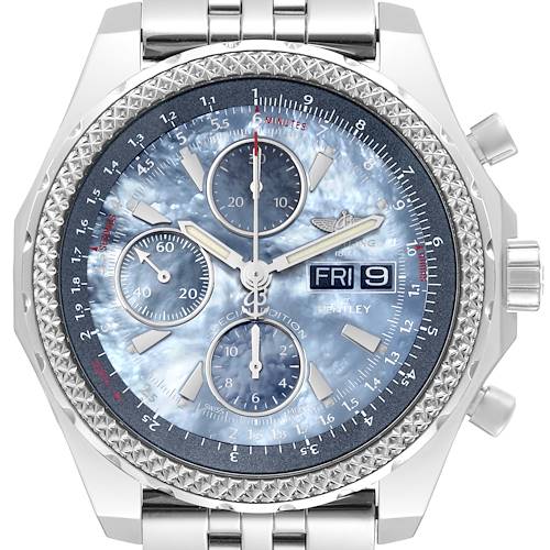 The image shows a frontal view of a Breitling Bentley A13362 Men's Stainless Steel Mother of Pearl Dial A13362 Men's Stainless Steel Mother of Pearl Dial watch, featuring its dial, bezel, subdials, and bracelet.