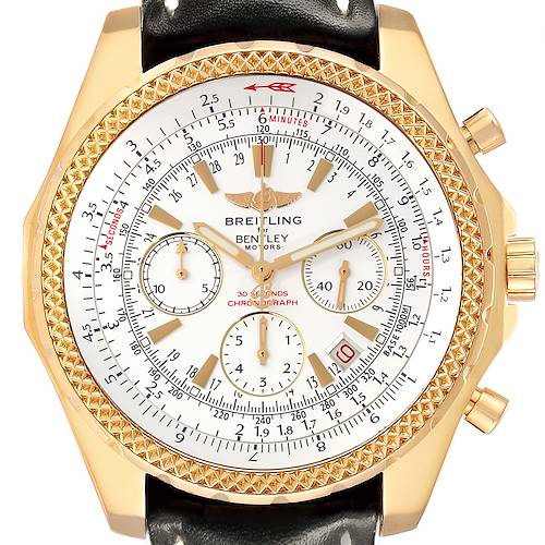 The Breitling Bentley K25362 Men's Yellow Gold White Dial K25362 Men's Yellow Gold White Dial watch is shown from the front, displaying its gold case, dial, subdials, hands, and crown.