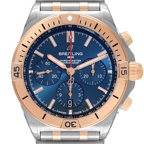 The Breitling Chronomat UB0134101C1U1 Men's Steel and Gold (two tone) Blue Dial UB0134101C1U1 Men's Steel and Gold (two tone) Blue Dial watch is shown from a front angle, highlighting the blue dial, rose gold bezel, and pushers.