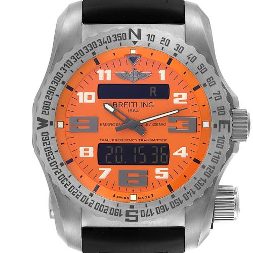 The Breitling Professional Series E76325 Men's Titanium Orange Dial E76325 Men's Titanium Orange Dial watch is shown from a front angle, highlighting the orange dial, bezel, and pushers.
