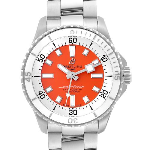The image shows a front view of the Breitling A17377 Women's Stainless Steel Orange Dial A17377 Women's Stainless Steel Orange Dial Superocean 36 White Orange Dial Steel Ladies Watch A17377, displaying its dial, bezel, and part of the bracelet.