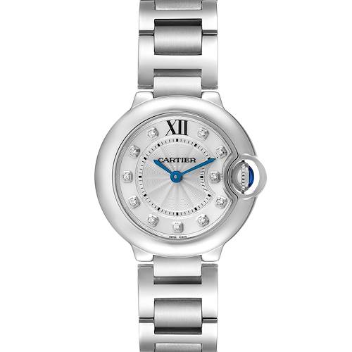 The Cartier Ballon Bleu WE902073 Women's Stainless Steel Silver Dial WE902073 Women's Stainless Steel Silver Dial watch is shown from a top-down angle, displaying the face, bezel, and bracelet links.