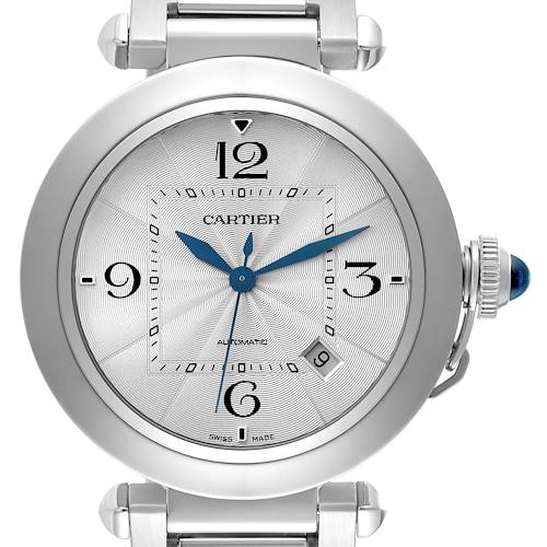 This image shows a front view of a Cartier Pasha WSPA0009 Men's Stainless Steel Silver Dial WSPA0009 Men's Stainless Steel Silver Dial watch, highlighting the dial, hands, date window, and crown with a blue accent.