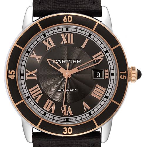 The Cartier Ronde W2RN0005 Men's Steel and Gold (two tone) Grey Dial W2RN0005 Men's Steel and Gold (two tone) Grey Dial model watch is shown from the front, highlighting its dial, hands, bezel, and strap.