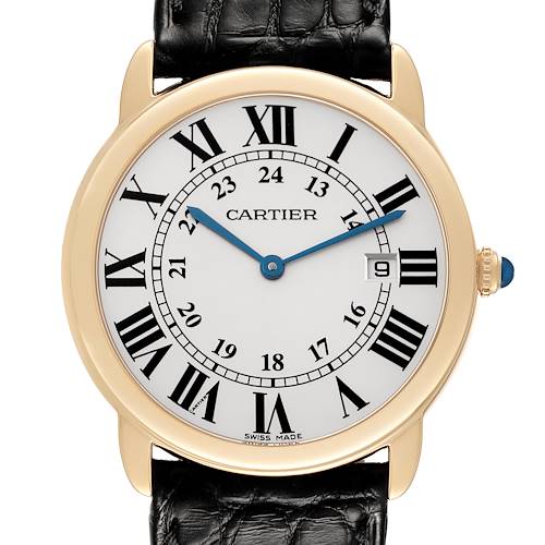 The Cartier Ronde W6700455 Men's Steel and Gold (two tone) Silver Dial W6700455 Men's Steel and Gold (two tone) Silver Dial model watch is shown from a front angle, displaying its face, case, crown, and part of the leather strap.