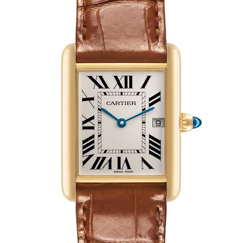 The Cartier Tank Louis W1529756 Men's Yellow Gold Silver Dial W1529756 Men's Yellow Gold Silver Dial watch is shown from the front, highlighting its rectangular face, brown leather strap, and crown with a blue cabochon.
