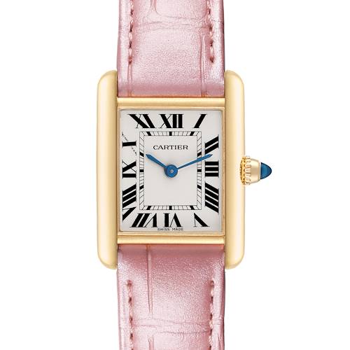 The Cartier Tank Louis W1529856 Women's Yellow Gold Silver Dial W1529856 Women's Yellow Gold Silver Dial watch is shown from a front angle, highlighting the dial, case, and pink leather strap.