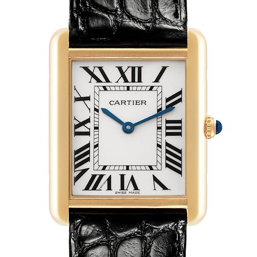 The Cartier Tank Solo W5200004 Men's Steel and Gold (two tone) Silver Dial W5200004 Men's Steel and Gold (two tone) Silver Dial is shown from a front angle, highlighting the face, Roman numerals, blue hands, and black leather strap.