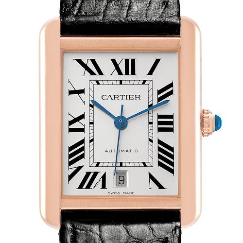 The Cartier Tank Solo W5200026 Men's Steel and Gold (two tone) Silver Dial W5200026 Men's Steel and Gold (two tone) Silver Dial watch is shown from the front, displaying its face, crown, and part of the strap.