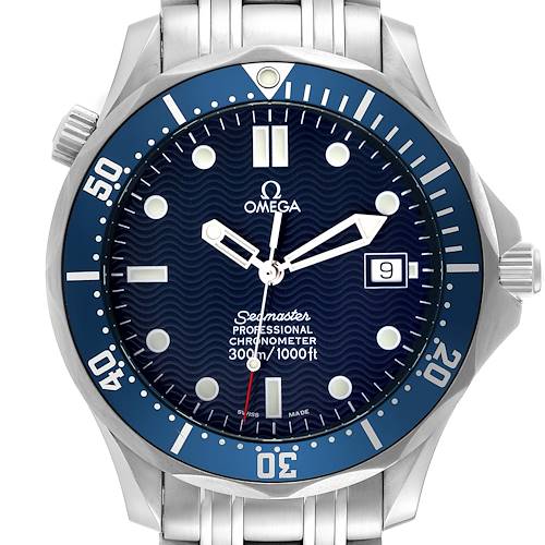 The image displays a front view of an Omega Seamaster 2531.80.00 Men's Stainless Steel Blue Dial 2531.80.00 Men's Stainless Steel Blue Dial watch, highlighting the dial, bezel, and part of the bracelet.