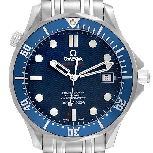 The Omega Seamaster 2220.80.00 Men's Stainless Steel Blue Dial 2220.80.00 Men's Stainless Steel Blue Dial watch is shown from a directly centered angle highlighting its dial, bezel, hands, crown, and part of the bracelet.